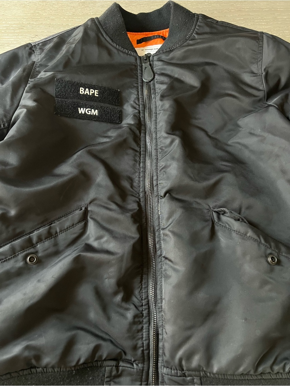 Bape Black Bomber Jacket with Multicolor WGM Sleeve and Tiger Arm Patch - Picture 4 of 7